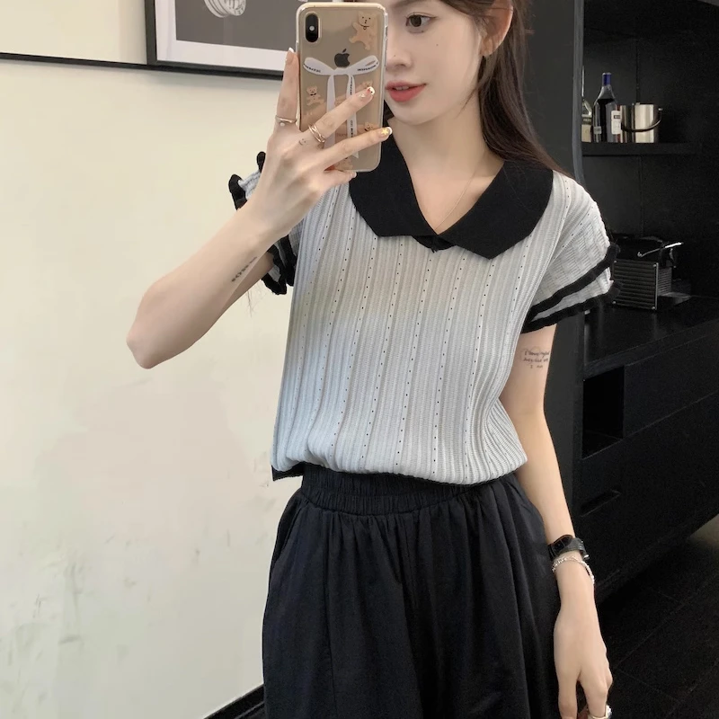 夏季新款短袖冰丝针织衫女设计感小众T恤撞色V领短款飞飞袖上衣潮