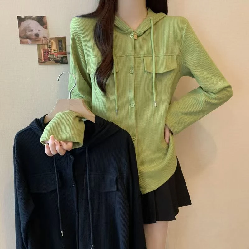 3687大码胖MM时尚休闲百搭风格抽绳连帽扣式设计长袖上衣2767