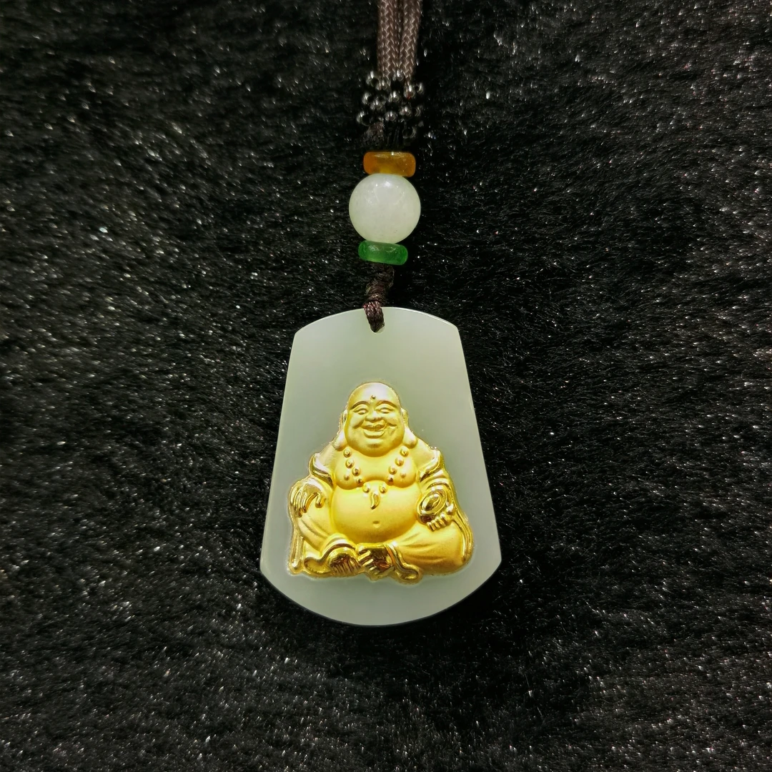 【星达臻选】真金镶和田玉 笑脸弥勒坐佛吊坠 配绳+证书+礼盒