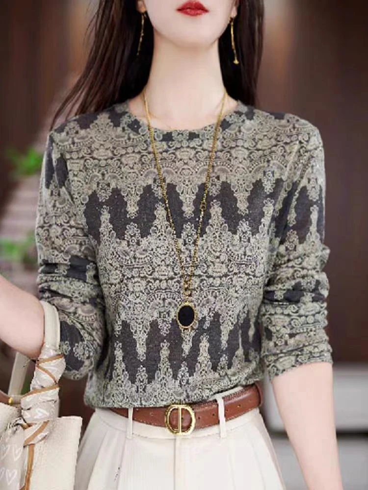 301#新款时尚百搭气质宽松减龄长袖上衣T恤（L~4XL  90~165斤）