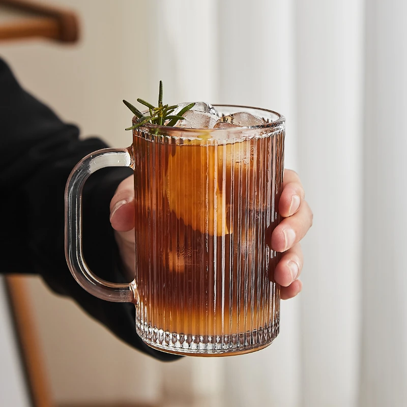 高颜值竖纹玻璃杯家用大容量带把手马克杯简约美式咖啡杯冷饮杯