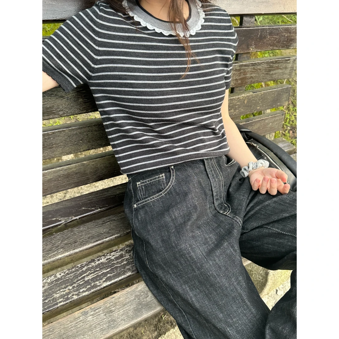 bala&mangosteen 韩代 木耳花边美丽诺条纹短袖 2025ss