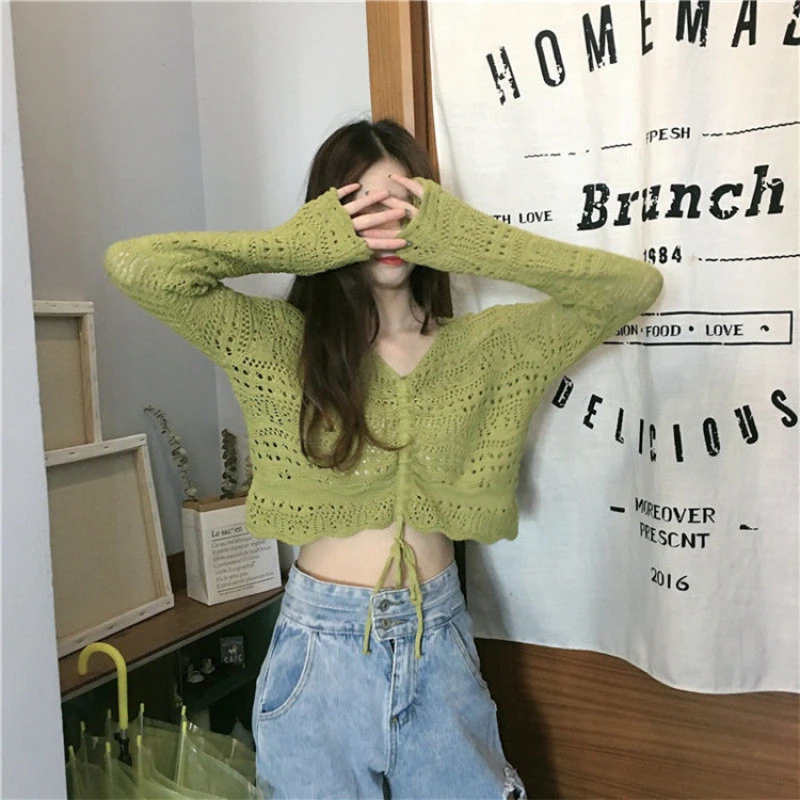 2025春夏宽松抽绳绑带毛衣镂空女短款网红上衣性感薄款罩衫上衣潮