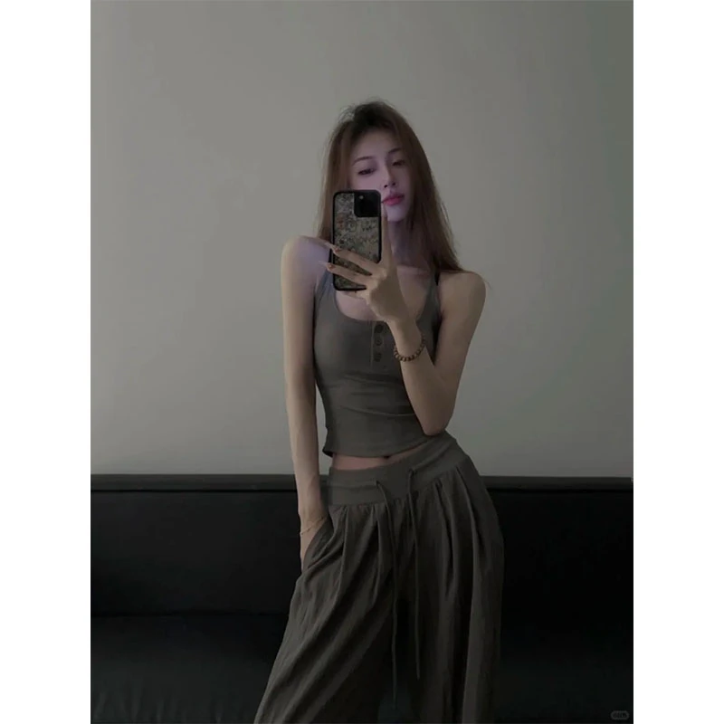 2025夏季辣妹风休闲百搭小众洋气U领吊带背心高腰直筒宽松阔腿裤