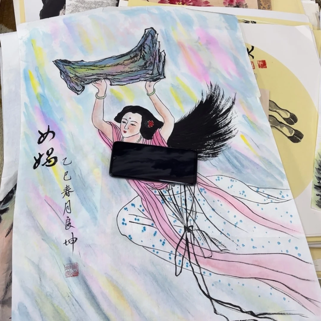 国画崔春良四尺三开童