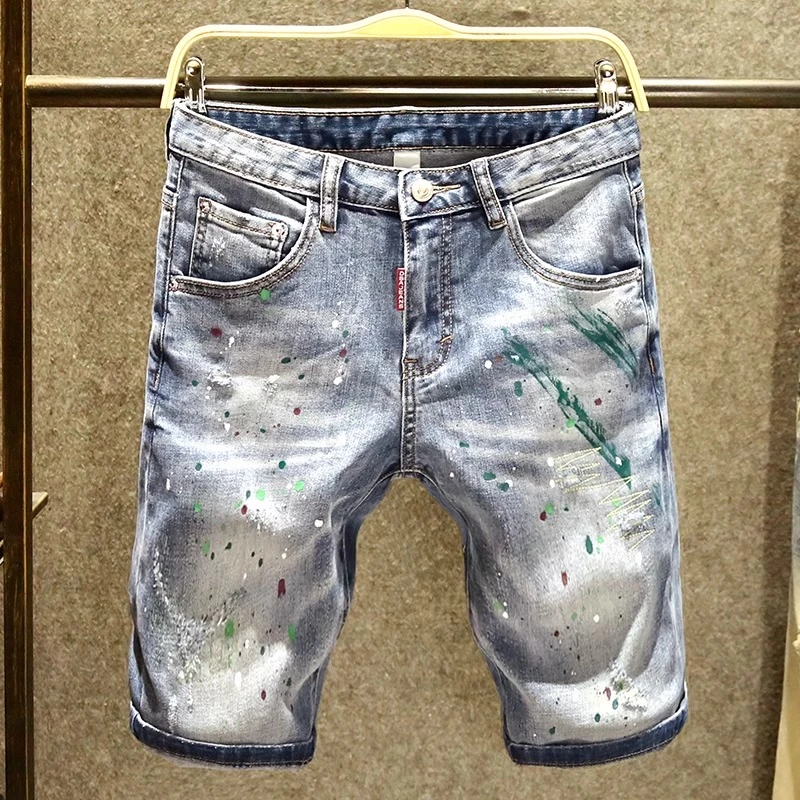 法国Cebrodz个性点墨牛仔五分裤男潮流修身中裤潮牌短裤男夏百搭