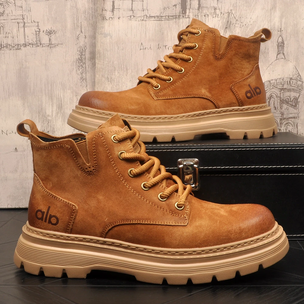 秋冬新款男士真皮马丁靴时尚百搭复古增高侧拉链高帮大黄靴工装靴