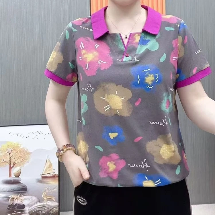 2025夏季新款时尚翻领印花妈妈装百搭休闲短袖T恤女上衣