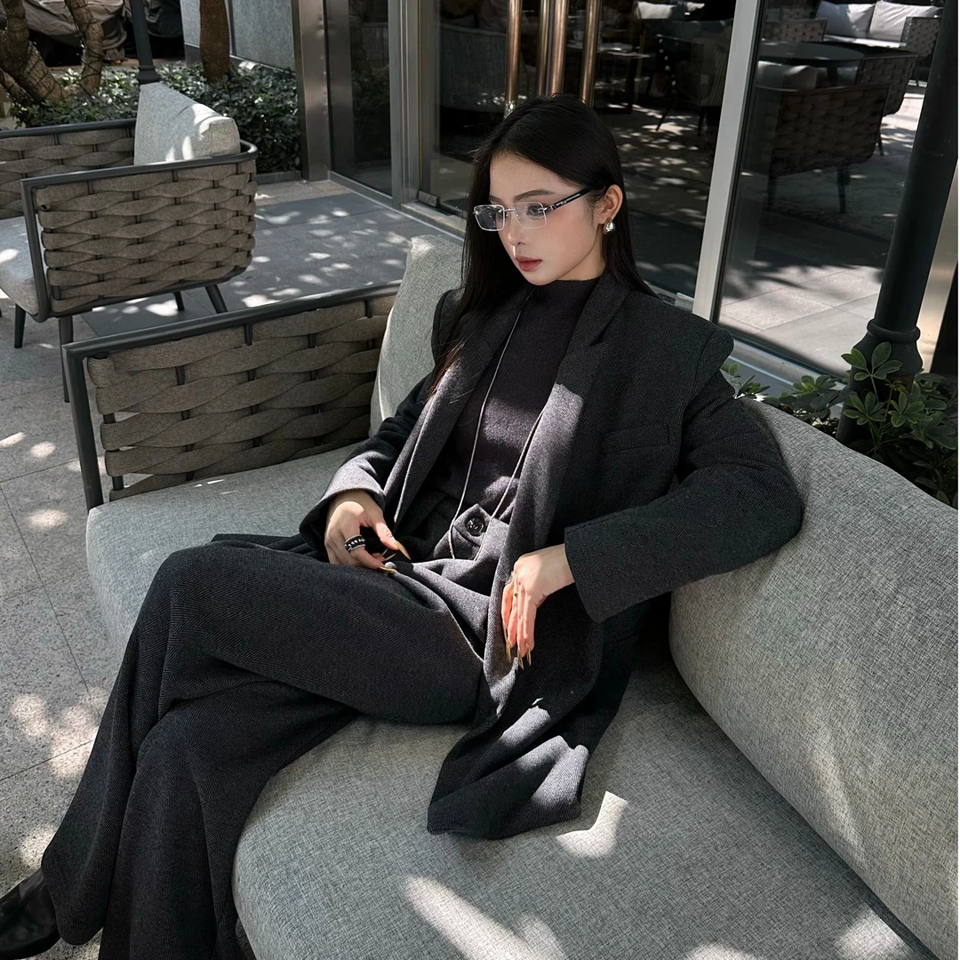 高级感轻奢设计感西装外套阔腿裤套装女秋冬英伦高定炭灰毛呢通勤