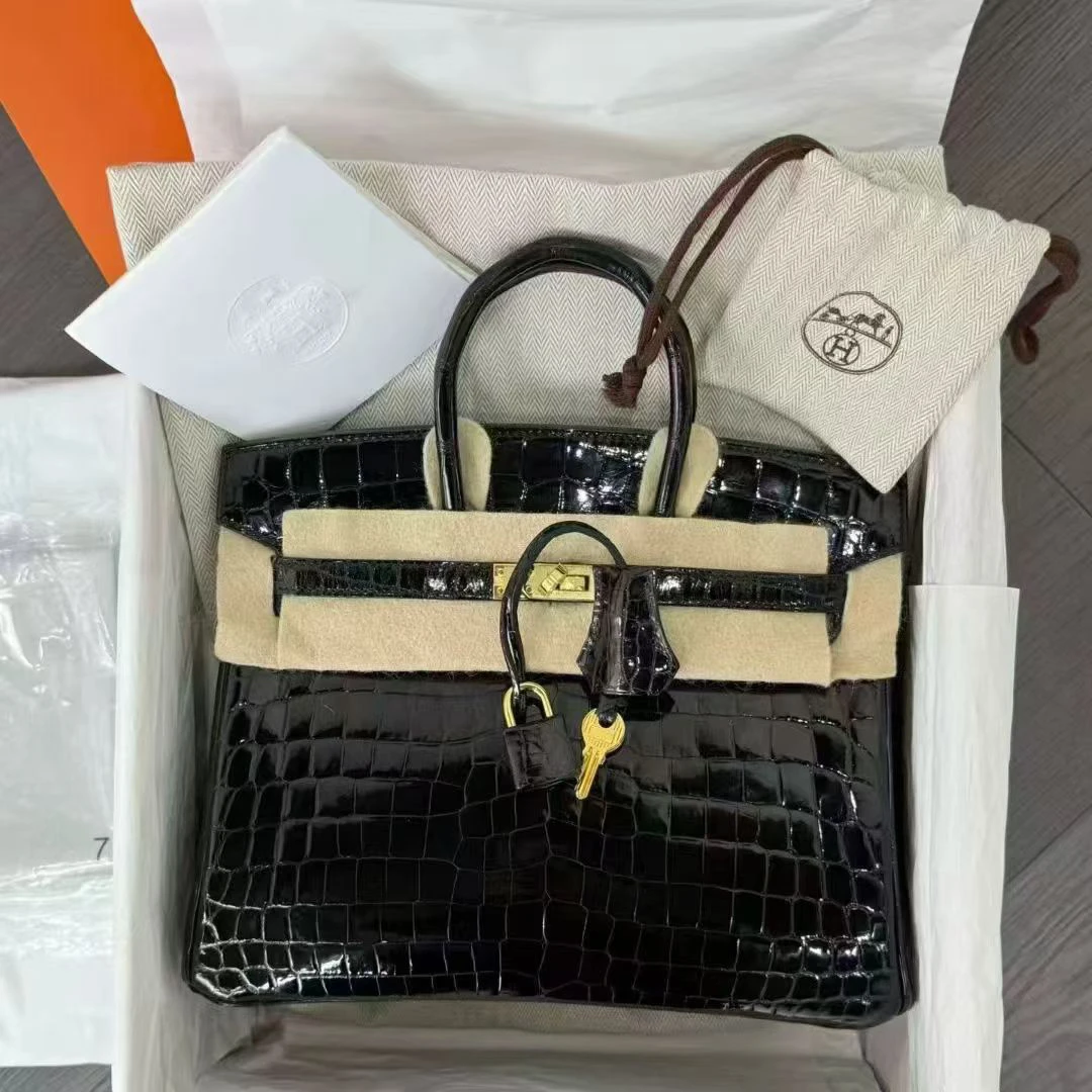 未使用 Hermes/爱马仕 birkin25黑金亮面两点鳄鱼C刻