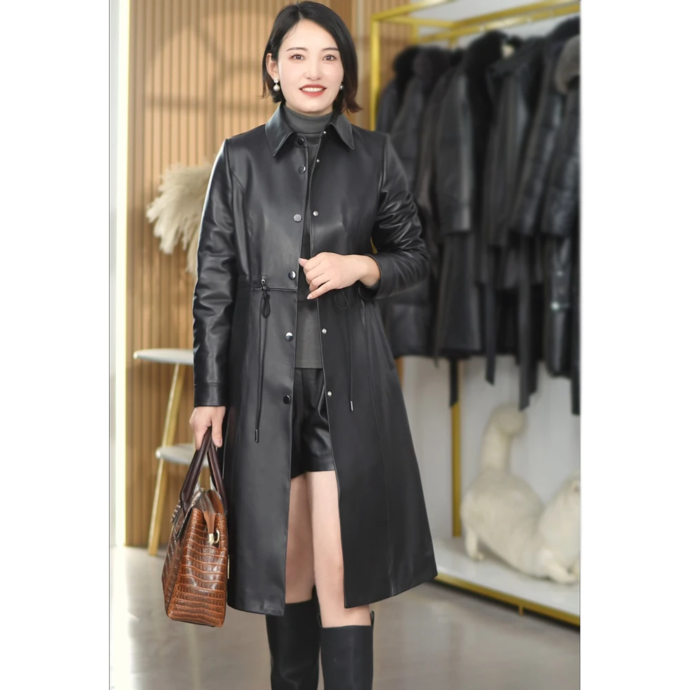 真皮皮衣女中长款系带气质修身收腰25年新款海宁绵羊皮皮衣外套