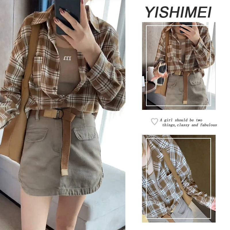 入秋穿搭一整套2025年新款简约韩系百搭吊带格纹衬衫短裙三件套装