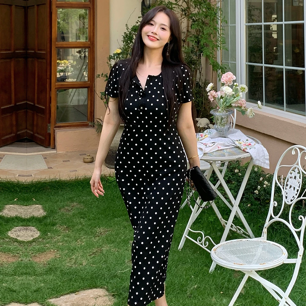 复古黑色波点裙弹力大码胖MM女法式赫本风高级感气质度假感连衣裙