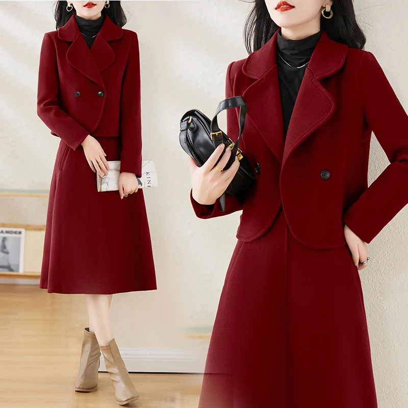 A字裙纯色红色中长裙呢子短裙摆连衣裙常规礼服套装显瘦气质时尚