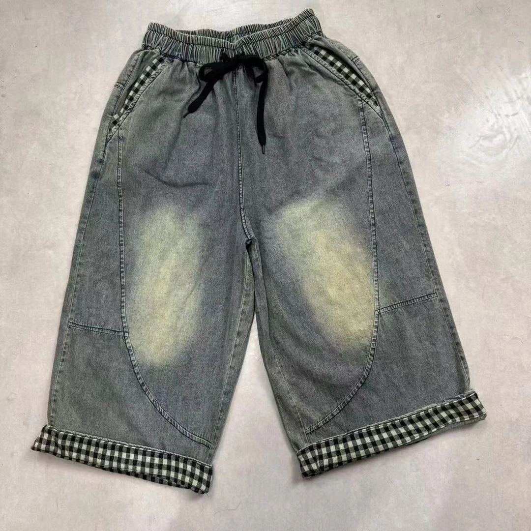 夏季新款哈伦裤中裤磨白牛仔裤脚口拼色格子休闲裤17148