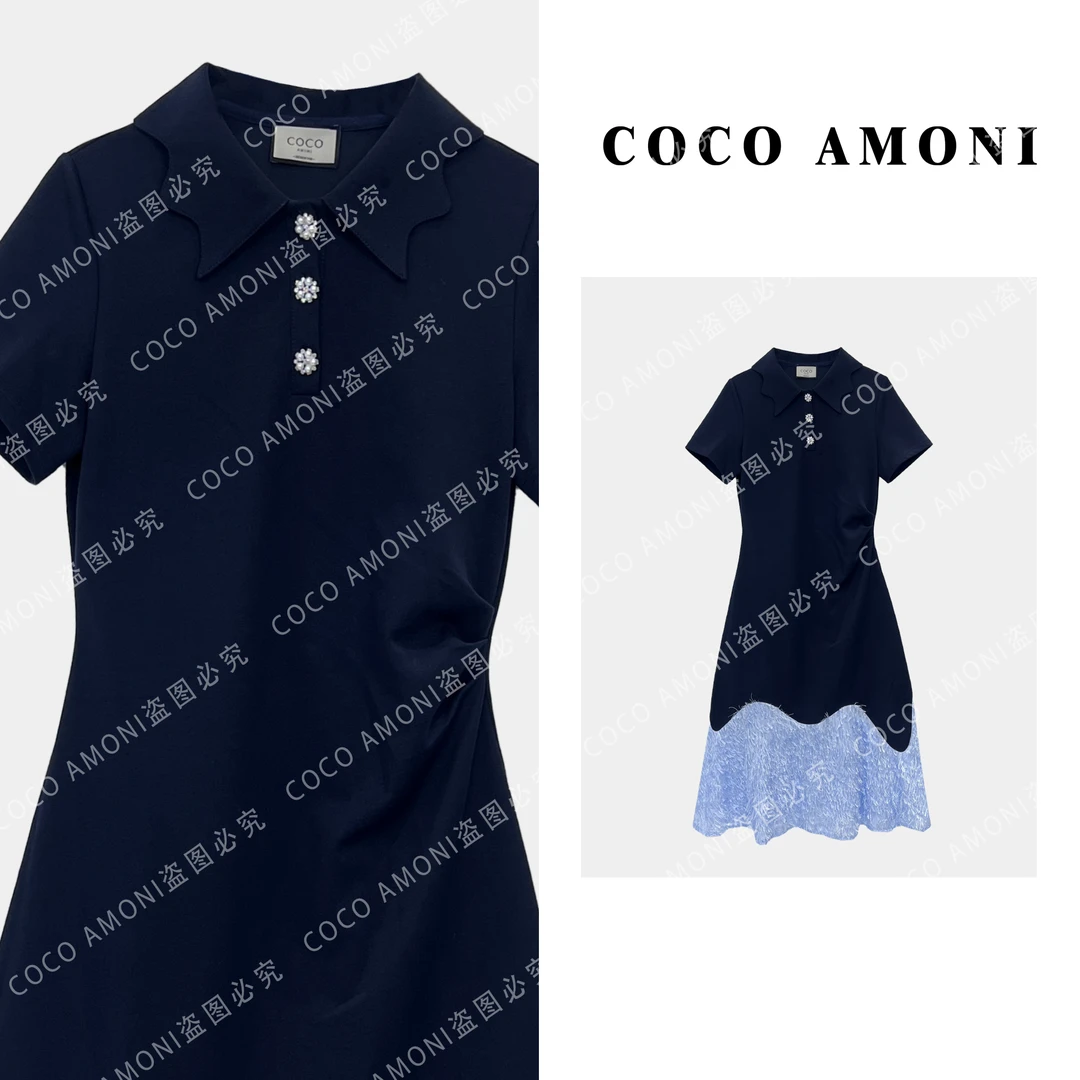 法式新款高级感气质女装拼接褶皱收腰显瘦连衣裙ZC064