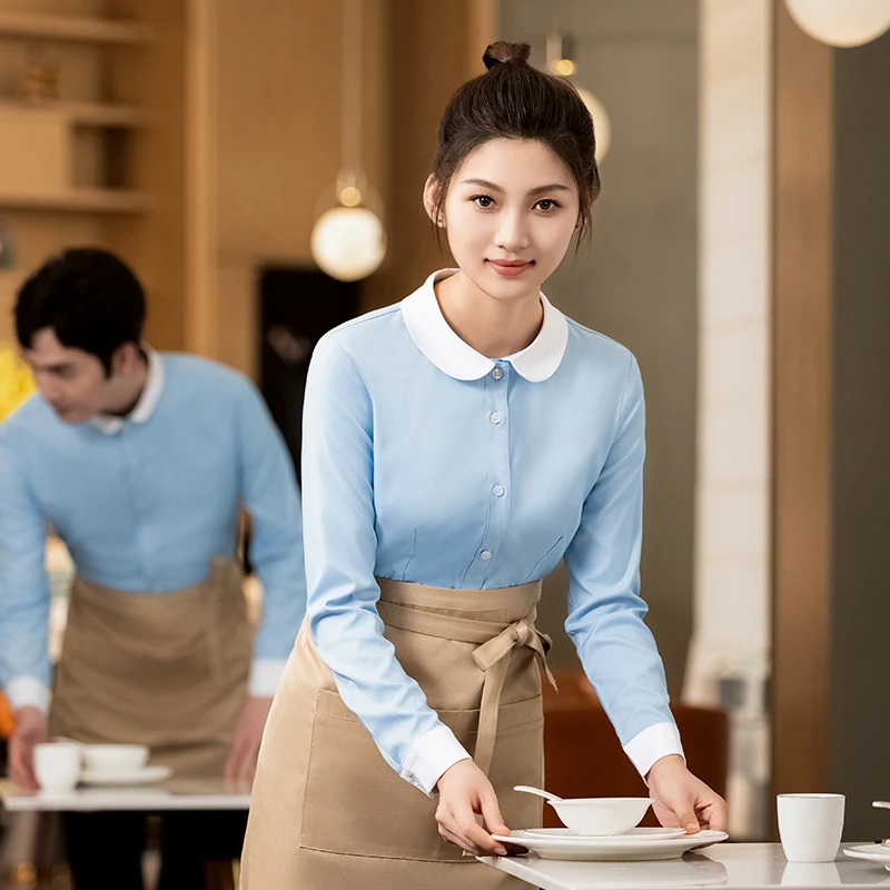 京橙时尚餐厅服务员工作服餐饮饭店咖啡奶茶面包店长袖定制衬衣女