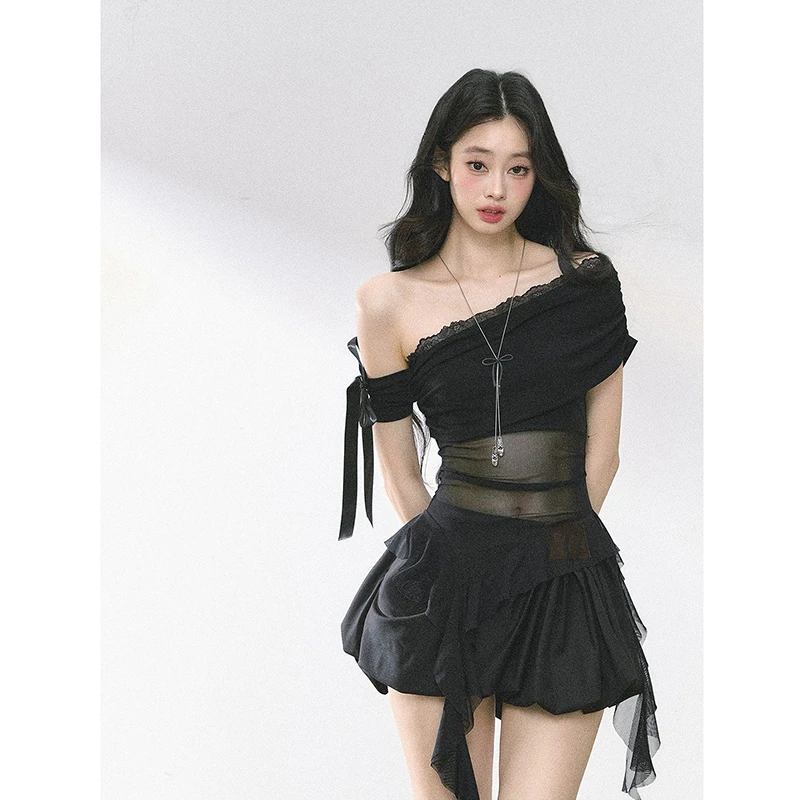 透感小心机 纯欲露肩短袖微透网纱T恤女秋季设计感显瘦上衣