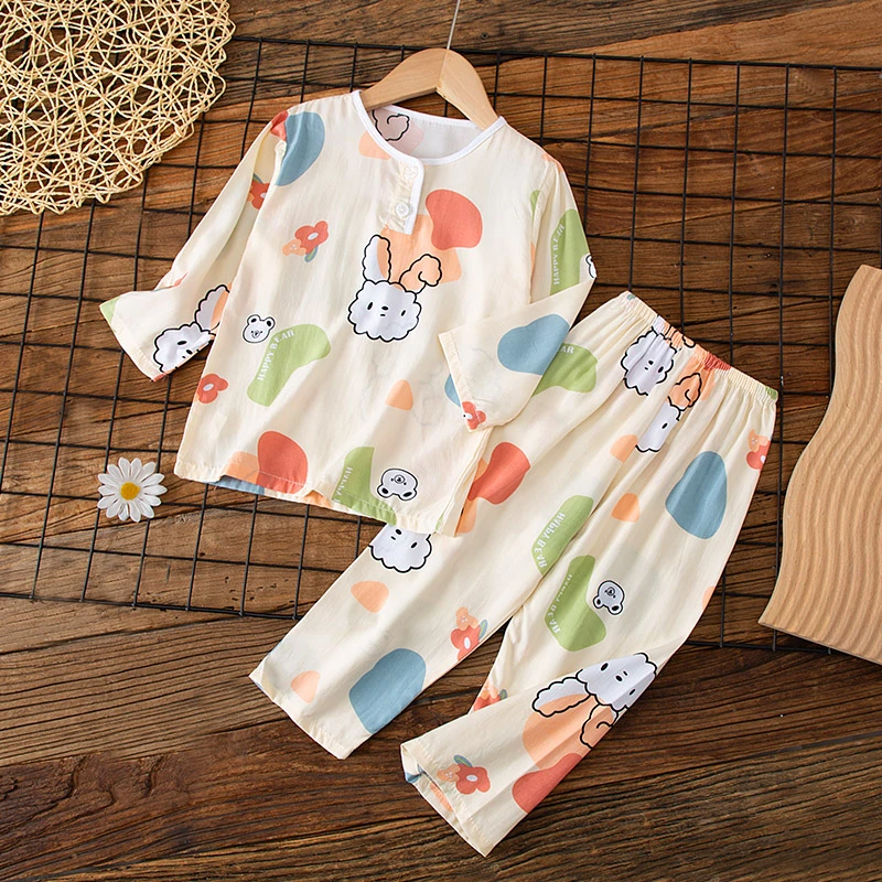 儿童夏季绵绸睡衣女童女孩长袖长裤棉绸套装女童薄款空调家居服