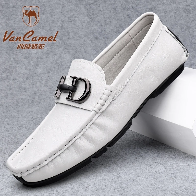 西域骆驼2025年新款豆豆鞋透气轻便皮鞋男白色百搭真皮软底乐福鞋