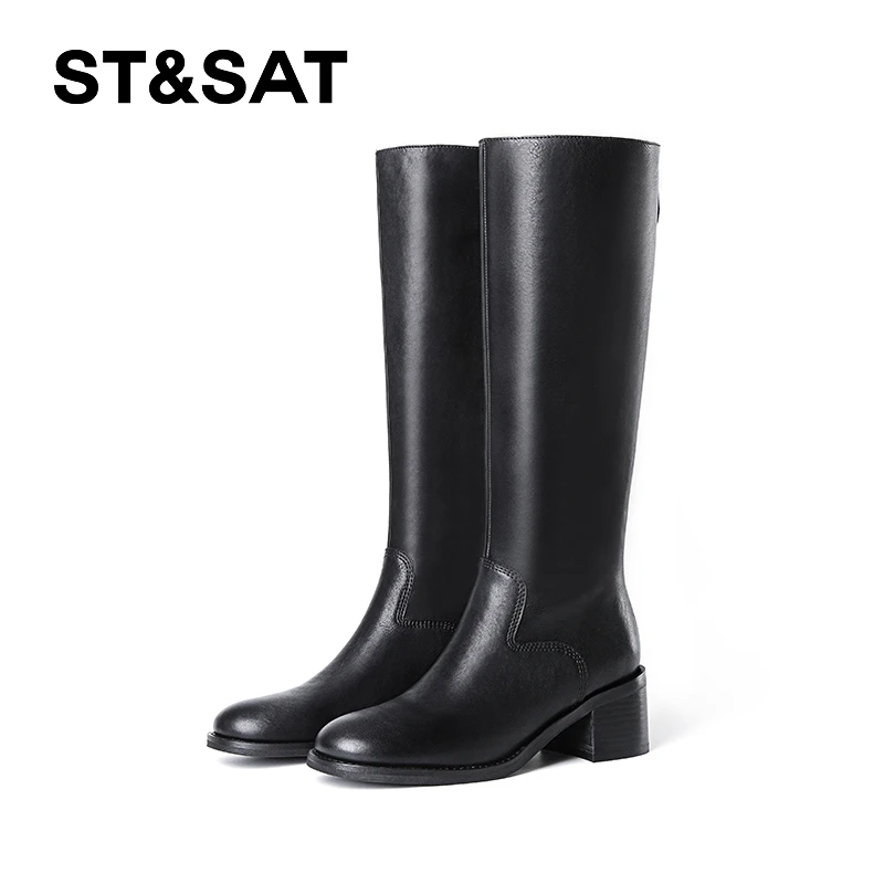 St&Sat/星期六植鞣头层牛皮2024冬季新款骑士靴粗跟长筒靴瘦瘦靴