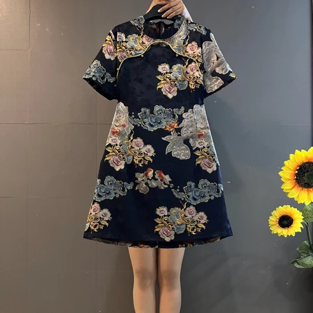 法式中式复古印花盘扣半袖气质显瘦改良版旗袍裙9106