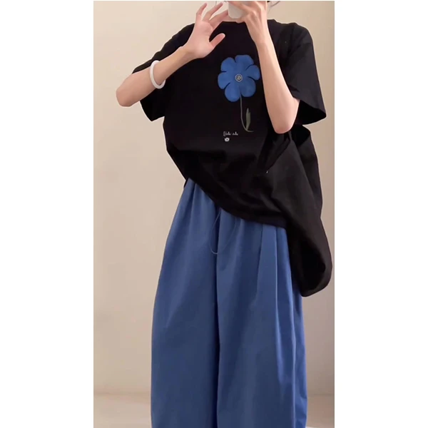 中长款圆领短袖T恤女通勤宽松大版花朵印花减龄休闲上衣长裤套装