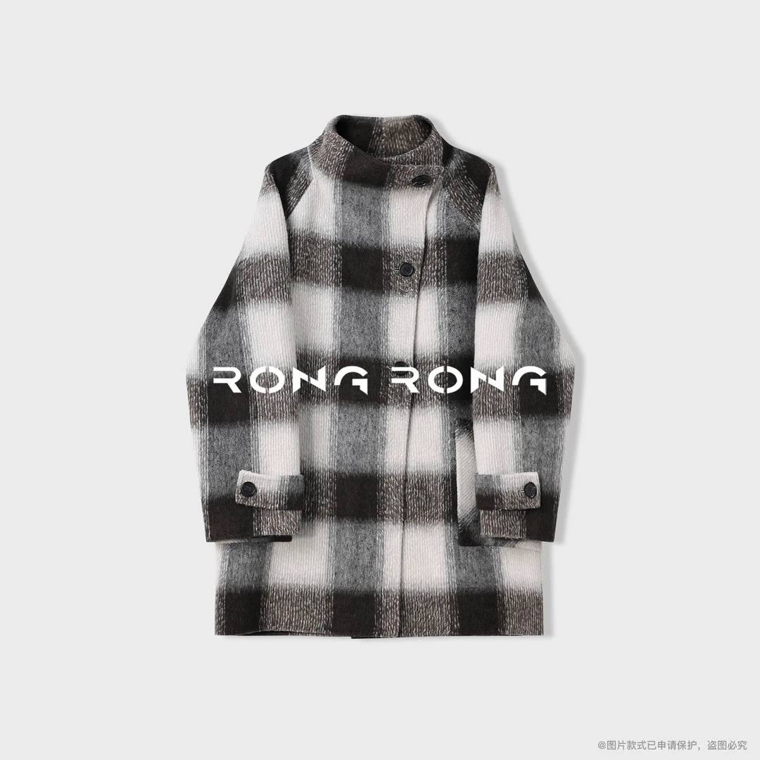 溶溶【奢暖腔调】RONGRONG羊毛羊驼毛立领斜襟格纹双面呢大衣25D858