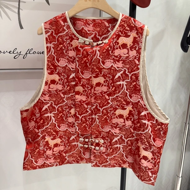 “绮鹿踏云”新中式国风红色提花盘扣女款马甲32268