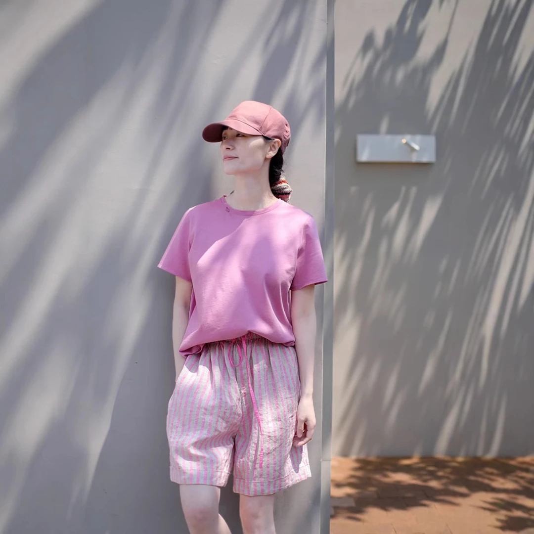 夏款胭脂粉文艺复古亲肤细骨感圆领刺绣宽松针织套头短袖T恤