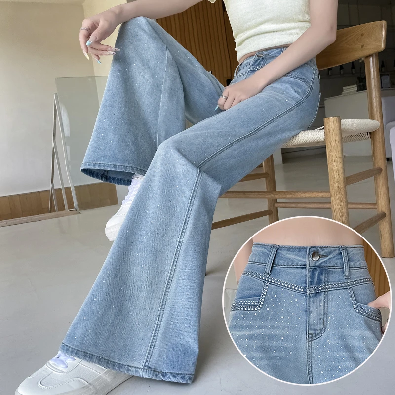 复古烫钻满天星微喇叭牛仔裤女2025夏季薄款宽松天丝拖地阔腿裤子