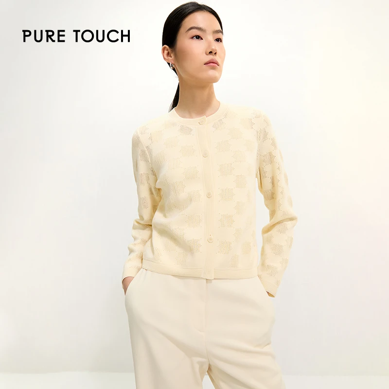 Pure Touch米黄色镂空棋盘格针织开衫女气质百搭长袖上衣