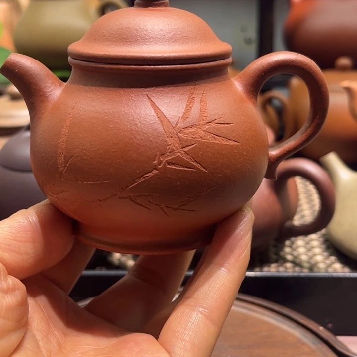 茶壶紫砂红黄泥140cc刻绘潘壶