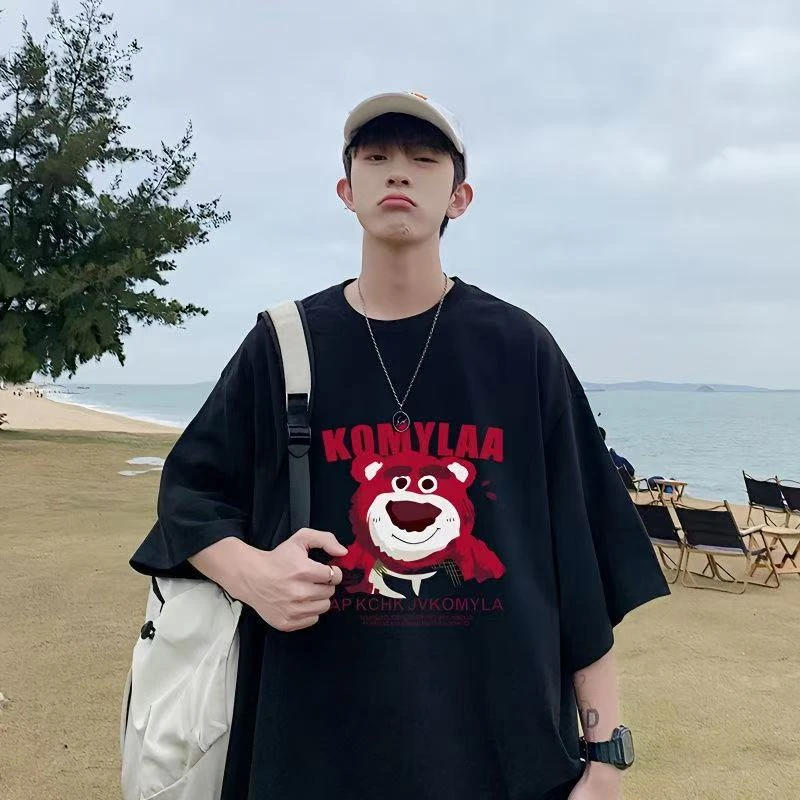 美式宽松大码t恤男女潮牌ins纯棉个性夏季动漫草莓熊印花上衣短袖