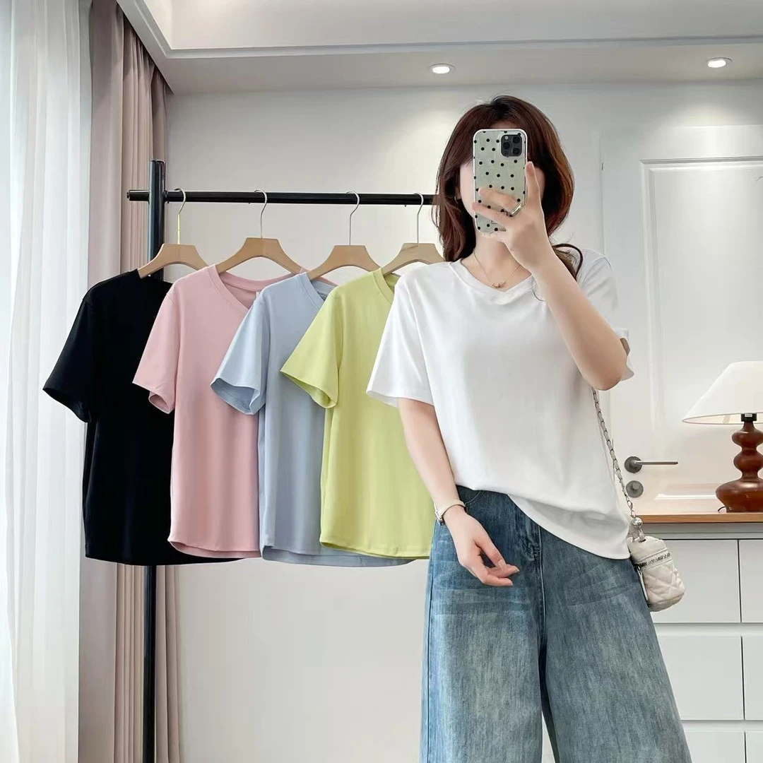【净版T】胖妹妹夏季棉质纯色V领宽松高弹宽松显瘦短袖T恤上衣