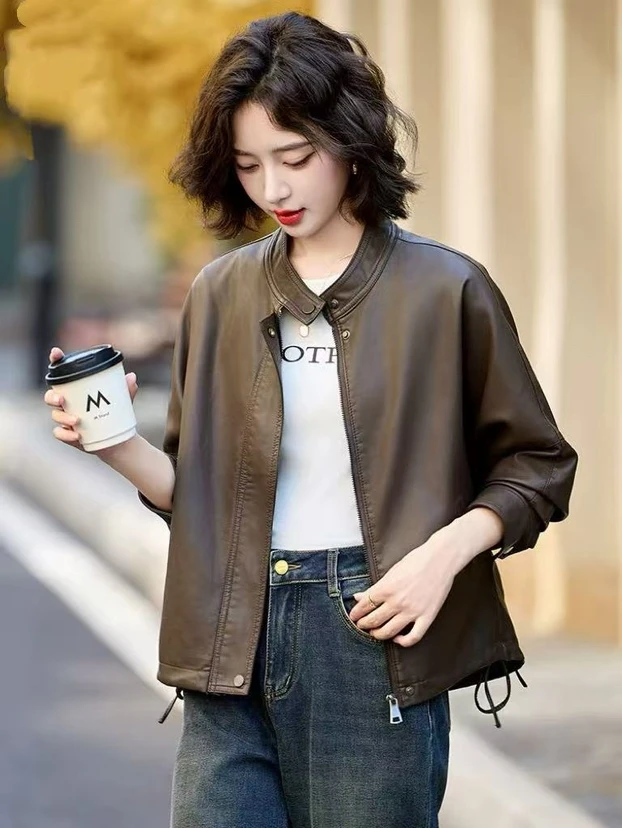 美拉德皮衣外套女春秋2025新款短款宽松休闲复古PU皮机车夹克上衣