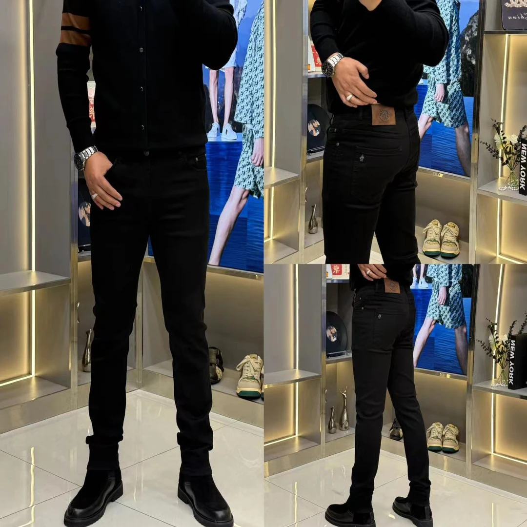 高品质男士秋冬加绒修身小脚弹力纯黑牛仔裤