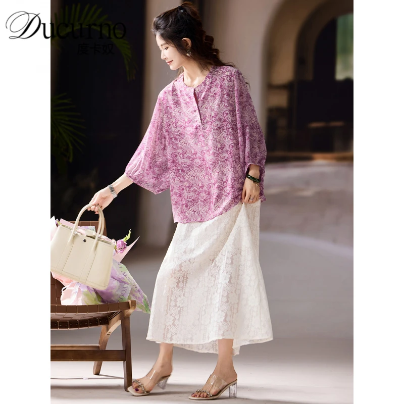 洋气印花雪纺短袖衬衫女夏季新款宽松衬衣2025年中国风大码上衣