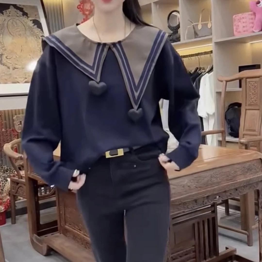 薄款拼接套头款秋季常规圆领卫衣百搭娃娃领减龄网红5265