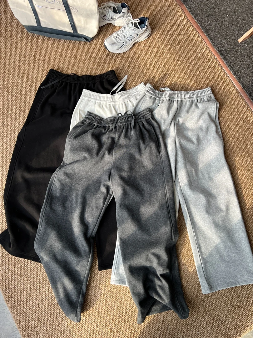 加绒加厚裤子秋冬新款慵懒松弛全松紧腰碳素磨毛直筒阔腿休闲卫裤