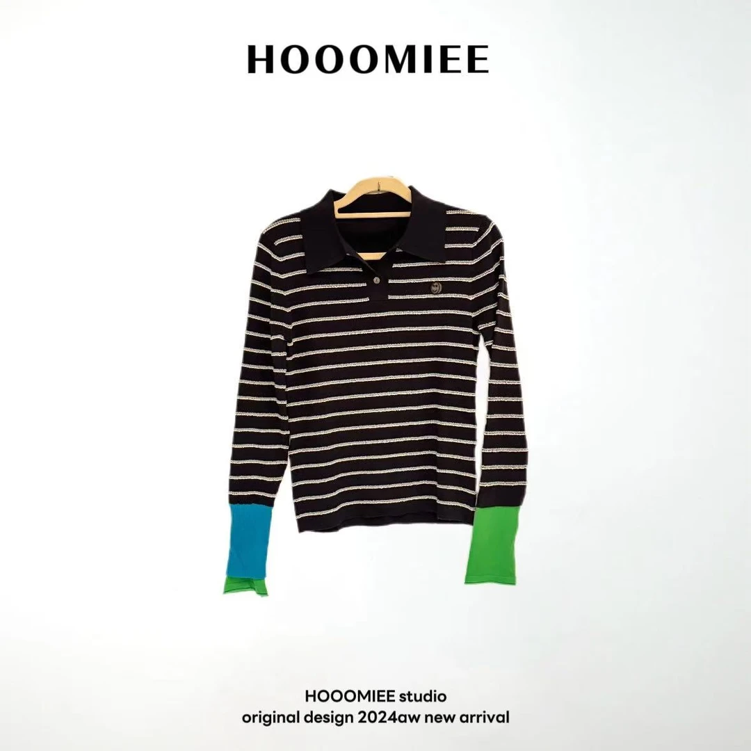 Hooomiee减龄时髦单品撞色条纹polo领时尚显瘦长袖针织衫YS24152