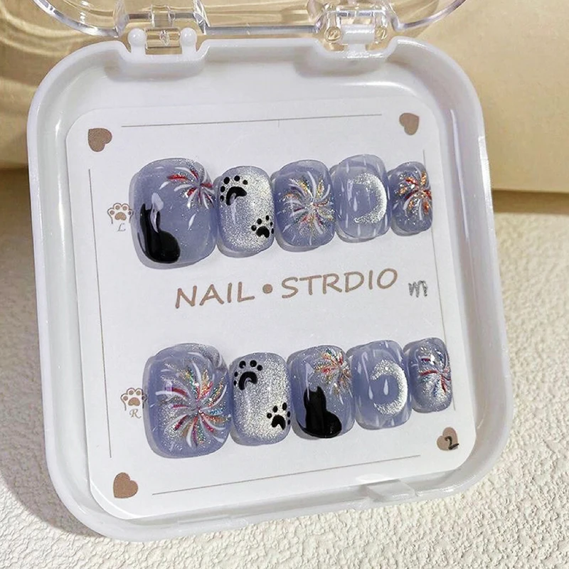 猫咪猫眼半手工穿戴甲紫色高级卡通学生美甲可爱简约烟花星空显白