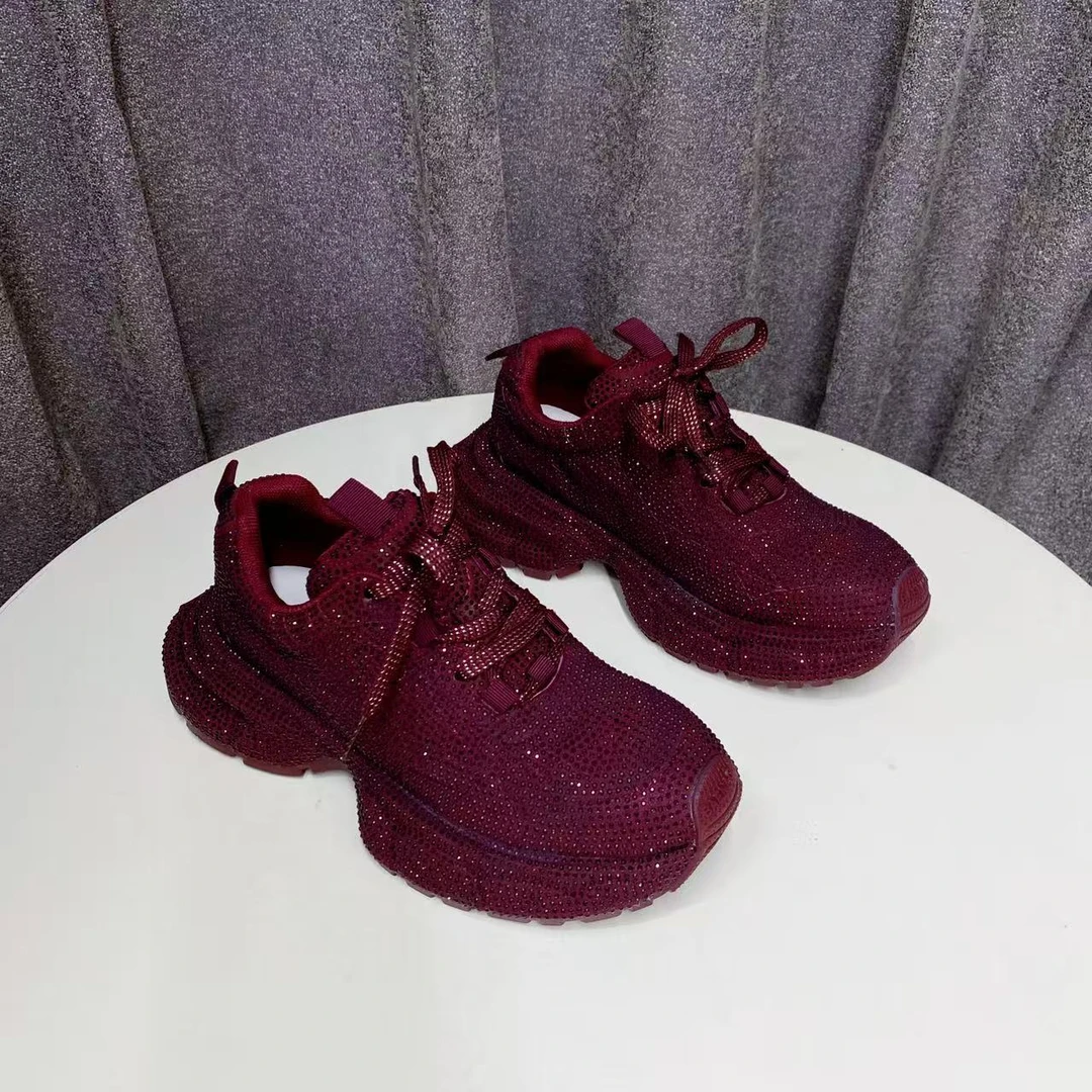 C8771 酒红色  时尚圆头系带休闲运动鞋女士老爹鞋