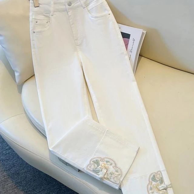 白色国风烟管牛仔裤女夏季薄款2025新款高腰新中式刺绣九分直筒裤