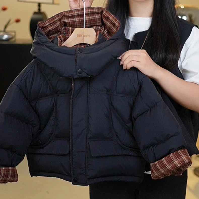25年新款中小童童装韩版休闲格子连帽 羽绒服TXB25655