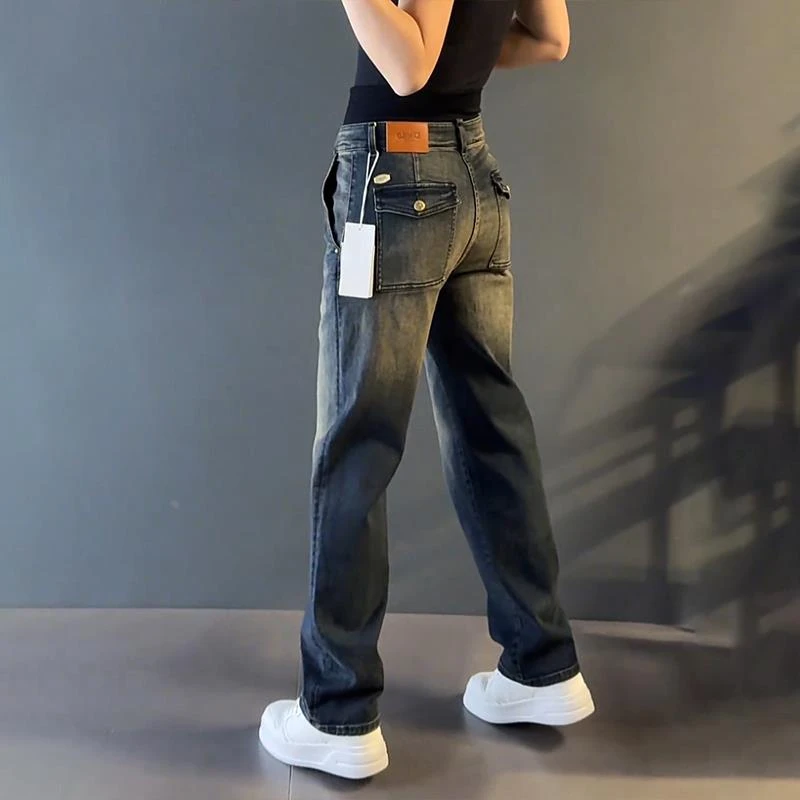 轻奢男装大码潮牌男士痞帅牛仔裤直筒休闲秋冬加绒设计感显瘦时尚