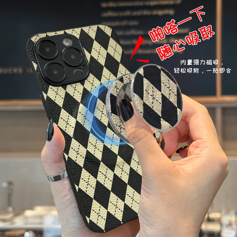 适用苹果16手机壳iphone17promax磁吸15商务支架14plus格纹13旋转