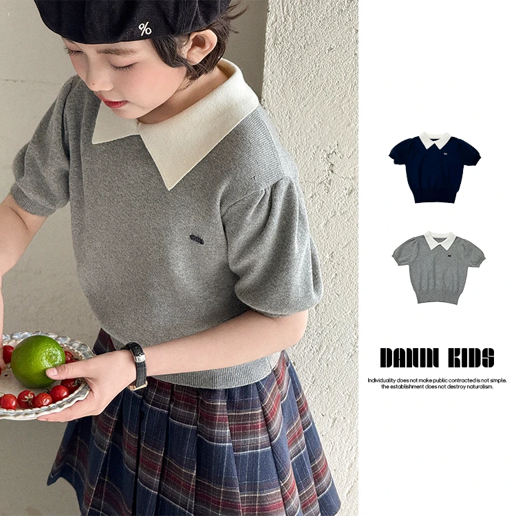 【嗒囜】女童夏装英伦学院风针织衫娃娃领短袖T恤短款宽松上衣童装