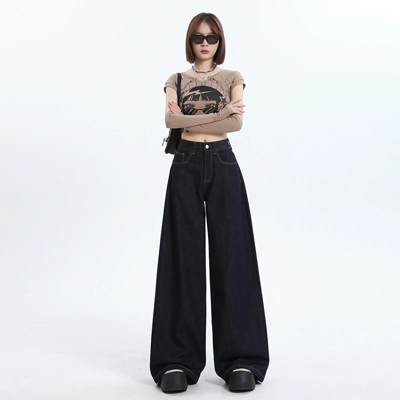 9893丹宁色牛仔裤夏新款阔腿牛仔裤女中高腰显瘦女装宽松阔腿裤