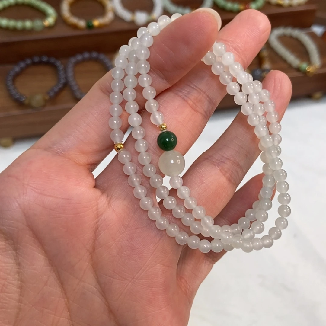 和田玉18K金镶嵌手链4mm晴白三圈